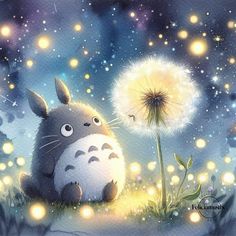 a painting of a cat sitting next to a dandelion with lights in the background