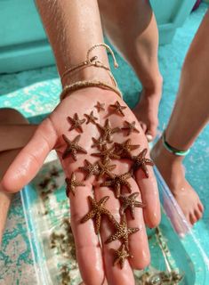 a person's hand with five starfishs on it and two people in the background