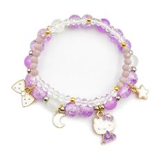 PRICES MAY VARY. Purple Crystal Bracelet--Cute bracelet comes in three styles,Contains heart,star,moon,flower and bows pendants,Exquisite design and three fresh colors add glamour to your beauty.The best for your daughter Cartoon Braclet Size--The anime bracelets are 2.5inch(8CM) in diameter.Elastic length.Can fit any size wrist Kawaii Pearl Bracelets--The cartoon bracelet has a double layered design and made of crystal stone,safe to wear.Can be worn alone or together according to your dressing Beaded Pearl Bracelets, Cartoon Bracelet, Bracelets Purple, Purple Crystal Bracelet, Kawaii Bracelet, Pearl Bracelet Jewelry, Girls Bracelet, Valentines Wedding, Stocking Stuffers For Women