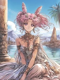 a woman with pink hair sitting on the ground next to a body of water and palm trees