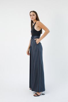 Striped high-waisted pleated palazzo pants IPANTS with back vents. They fit perfectly different body shapes and heights and visualize our unusual vision on basic pants. With this model you can create an incredibly stylish comfy everyday city look. They are perfect with almost everything, cropped t-shirt to the blouse, cardigans, flat shoes, sneakers or heels you'll find them so easy to wear. * Two side and back pockets * Zip on the middle Very high quality of tailoring and materials! Sizes avail Wide Leg Pants With Side Slits For Spring, Fitted Pants With Side Slits For Summer, Fitted Summer Pants With Side Slits, Chic Wide Leg Maxi Skirt With Side Slits, Fitted Culottes For Workwear, Elegant Wide Leg Pants With Side Slits, Fitted Wide Leg Pants With Side Slits, High Waist Bottoms With Side Slits, Wide Leg Pants With Side Slits For Workwear