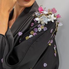 Mikado Abaya With One Side 3D Embroidery In Floral Motifs | Azzalia | Wolf & Badger Floral Abaya, Casual Abaya, Dark Blue Flowers, Black Abaya, 3d Embroidery, Artisan Gift, Flowers Print, Mens Jewelry Bracelet, Floral Motifs