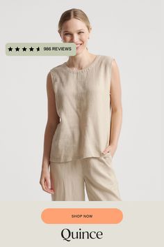 An all-year essential. This linen tank top is made from soft, textured 100% organic linen. It's perfect to layer under a cardigan or does just as well on its own on those warmer days. Especially with the matching linen pants.  | Quince | Women's Tank Top in Driftwood, Size Medium, Linen Blouse Ideas, Trendy Blouse, Linen Tank Top, Best Tank Tops, Linen Tank, Trendy Blouse Designs, Stylish Blouse, European Linens, Silk Tank