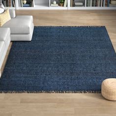 a living room with a blue rug on the floor and bookshelves in the background