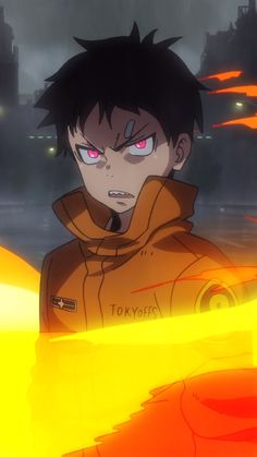 an anime character with red eyes and black hair, standing in front of a fire