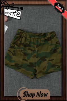 Green Camouflage Drawstring Casual Shorts Summer Camouflage Bottoms With Elastic Waistband, Camouflage Bottoms With Elastic Waistband For Summer, Stretch Camouflage Bottoms For Summer, Camouflage Shorts For Beach, Summer Military Camouflage Bottoms, Camouflage, Casual Shorts, Green