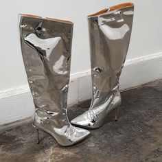 Silver Metallic Leather Stiletto Knee High Womens Boots Size 7 Metallic Leather Heeled Boots With Pointed Toe, Party Patent Leather Heeled Boots With Almond Toe, Patent Leather Heeled Boots With Almond Toe For Party, Almond Toe Patent Leather Heeled Boots For Party, Stiletto Boots, Metallic Leather, Shoes Heels Boots, Shoes Women Heels, Knee High