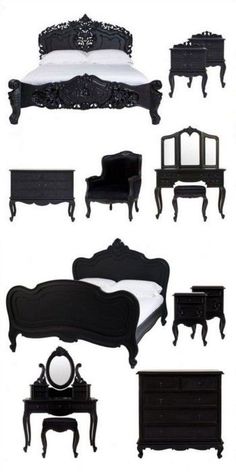 White Bedroom Set, Gothic Bedroom, Gothic Furniture, Dream Furniture, Goth Home Decor, Black Bedroom, Bedroom Black, Black Furniture, Cool Ideas