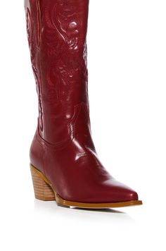 Meet your new go-to bootie! The AZALEA WANG Flint Red Cowboy Bootie is a fabulous faux leather style featuring a rounded mid-calf shaft, a pointed toe silhouette, a chunky stacked heel, side pull tabs, and a pull-on fit. Complete with tonal embroidered detailing. Pairs perfectly with denim and faux leather pieces. (all measurements approximate from a size 7.5) - Faux Leather Upper - Pointed Toe - Chunky Heel - 12” Shaft Height - 2.75” Heel Height - 12.75” Calf Circumference - 14.5” Shaft Opening Circumference - Imported Product ID: 384548 Azalea Wang, Leather Pieces, Leather Style, Stacked Heel, Chunky Heels, Leather Fashion, Mid Calf, Bootie, Heel Height