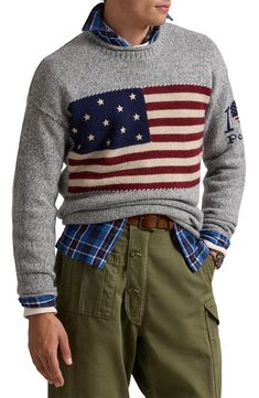 A bold intarsia flag with embroidered accents brings patriotic zeal to this all-wool crewneck sweater finished with rolled edges. 27" length (size Medium) Crewneck Long sleeves 100% wool with 79% wool, 21% linen contrast Dry clean Imported This product meets Nordstrom Responsible Sourcing and Manufacturing criteria: made with practices that meet higher environmental or social standards Ralph Lauren Flag Sweater, Mens Swag, Francis Scott Key, Flag Sweater, Formal Men, Star Spangled Banner, Marled Sweater, Chaps Ralph Lauren, Roll Neck Sweater