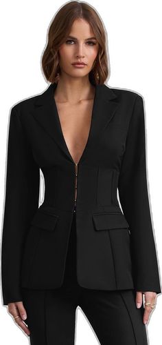 Elegant Black Structured Blazer Dress, Tailored Structured Blazer For Party, Tailored Structured Party Blazer, Party Blazer With Structured Boning In Black, Fitted Blazer Dress With Structured Boning For Office, Party Blazer With Structured Boning And Tailored Fit, Tailored Party Blazer With Structured Boning, Sleek Structured Party Blazer, Black Long Sleeve Blazer With Structured Boning