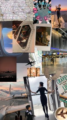 a collage of photos with people and planes