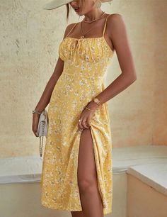 Floral Print Dress Yellow Lace, Puff Sleeve Dresses, Dress Yellow, Sleeveless Floral Dress, Lace Midi, Lace Midi Dress, Midi Length Dress, Two Piece Dress, Cami Dress