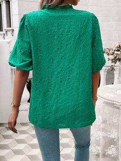 Unleash your inner fashionista with the Ventura Eyelet Short Sleeve Blouse. This stylish top features delicate eyelet detailing and a flattering short sleeve design that will elevate any outfit. Embrace your unique style with this must-have blouse! Size Guide: Model is 5’6” tall, and has a 33.2” bust, 26.4” waist, & 35.2” hips. She is wearing a S / US 4 / AU 8. This blouse is true to size. Material: 100% Polyester. Feature: Crew neckline. Short puff sleeves. Breathable lightweight fabrication. Not lined. Relaxed fit. Care Instructions: Machine wash / Cold hand wash Eyelet Shorts, Short Sleeve Design, Reindeer Headband, Stylish Top, Brown Leather Sandals, Daily Dress, Dress Jewelry, Green Blouse, Sleeve Designs