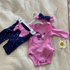 Includes Onesie, Bottoms And Headband. Pink Matching Sets With Headband For Spring, Cute Pink Set With Matching Headband, Pink Cotton Sets With Matching Headband, Playful Pink Sets With Matching Headband, Pink Casual Set For First Birthday, Girls Stuff, Outfit Set, Baby Things, Girl Baby