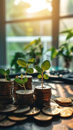 coins stacked on top of each other with plants growing out of them