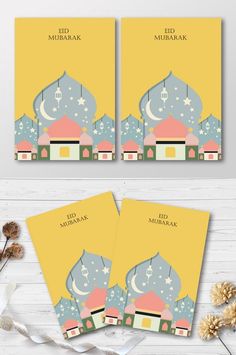 three muslim greeting cards with mosques on them