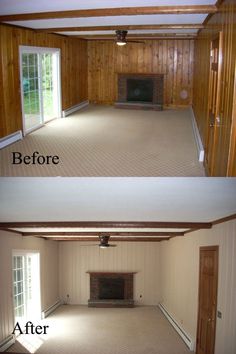 before and after photos of an empty living room with wood paneling on the walls