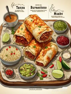 mexican food is shown on a tray with sauces and condiments