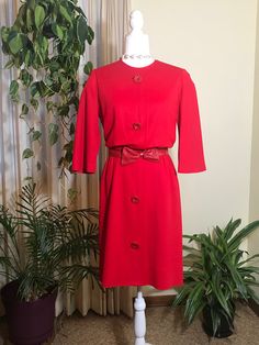 "1950s Marion McCoy of California Secretary Dress with Original Leather Belt A real west coast vintage original from Marion McCoy of California! This beauty has her original leather belt and no signs of being worn! She is a lovely shade of red, fully lined, has a back zipper, and 4 over sized buttons down the front. I detached her leather belt from the dress, for proper cleaning, only to decide I would not reattach so it could be worn with other outfits. If you decide to purchase and would like Vintage Belted Formal Dress, Vintage Formal Belted Dress, Vintage Midi Dress For Work, Heart Blouse, Shade Of Red, Special Dresses, Fancy Dinner, Over Sized, Other Outfits