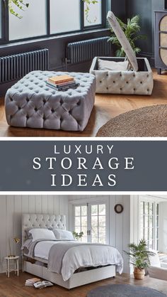 a bedroom with blue walls, white furniture and wooden flooring is featured in the article luxury storage ideas