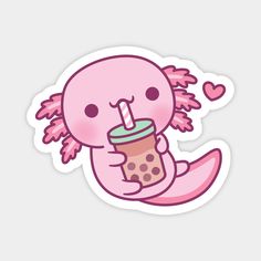 a pink sticker with an animal holding a drink