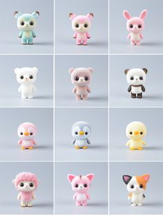 many small toy animals are shown in different colors