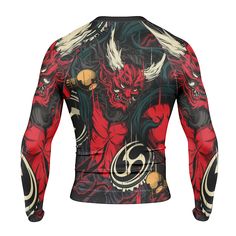 the back of a red and black jacket with an image of two demonic creatures on it