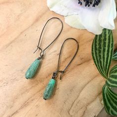 Chrysoprase drops on gunmetal earwires approx 1.5" Nickel-free Teardrop Jade Earrings, Herkimer Diamond, Diamond Gemstone, Tassel Necklace, Bohemian Style, Pendant Necklace, Gemstones, Pendant