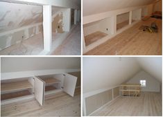 four pictures of the inside of a house with unfinished wood flooring and white walls