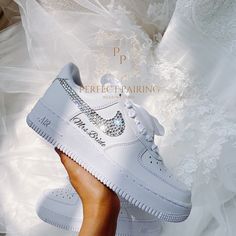 Brand New W Box Custom Name And Date Swarovski On The Outside Swoosh Wedding Bride Shoes, Wedding Sneakers For Bride, Bride Sneakers, Personalized Sneakers, Reception Shoes, Custom Wedding Shoes, Rhinestone Wedding Shoes, Bridal Sneakers, Wedding Sneakers