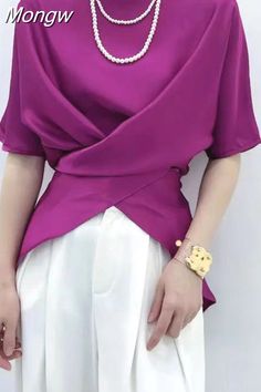 Casual Pink Asymmetrical Top, Trendy Solid Purple Top, Trendy Purple Solid Color Top, Trendy Top With Asymmetrical Hem, Casual Pink Top With Asymmetrical Hem, Chic Purple Short Sleeve Tops, Clothes For Women Over 50, Office Dresses For Women, Woman Clothes