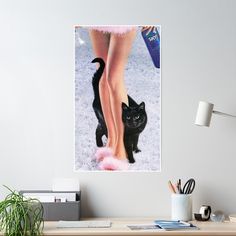 a black cat standing next to a woman's feet with pink shoes poster on the wall