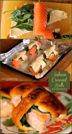 salmon, cheese and spinach roll on a plate with the words salmon crescent rolls