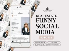 an iphone with the words real estate funny social media on it and lots of photos