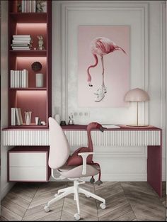 a pink and white home office with a flamingo painting on the wall