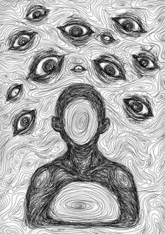 a drawing of an individual being surrounded by eyes