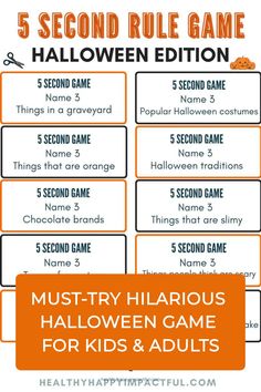 5 Second Rule Halloween game prompts and an orange banner saying "Must-Try Hilarious Halloween Game for Kids & Adults". Name 3 Things Game Questions, Name 3 Things Game, 5 Second Rule Game Questions, 5 Second Rule Game, Food Scavenger Hunt, Halloween Costume Ideas For Family, Costume Ideas For Family, Classroom Games For Kids