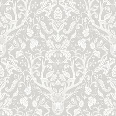 an ornate wallpaper with white flowers and leaves on grey background, suitable for use in interior or exterior design