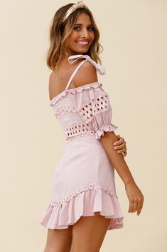 Blush dress.Partially lined.Off-shoulder puff sleeves.Elasticated neckline.Shoulder ties.Cut-out lace detail.Zipper in back. Your wardrobe called, it needs this dress ASAP. We can't get enough of those tied shoulders and cut-out lace details. Perfect for warm days, strolling the markets with your bestie. Team it with a basket bag and tan mules for a fresh look we've fallen for. MODEL INFOModel is wearing size XSHeight: 5'7"Bust: 32"Waist: 24"Hips: 34"Size Guide CAREHand Wash Cold. Puff Sleeve Mini Dress With Lace Trim For Brunch, Chic Spring Puff Sleeve Dress With Lace Trim, Chic Puff Sleeve Dress With Lace Trim For Spring, Feminine Puff Sleeve Dress With Lace Trim For Brunch, Feminine Off-shoulder Puff Sleeve Dress With Ruffles, Chic Lace Puff Sleeve Dress For Summer, Spring Lace Puff Sleeve Mini Dress, Chic Lace Puff Sleeve Dress For Spring, Feminine Lace Puff Sleeve Dress For Summer