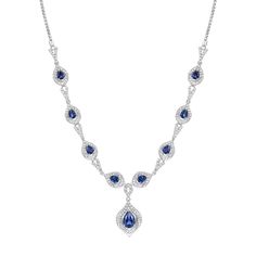 Romantic style delights from this lab created blue sapphire necklace. Pear-shaped lab created blue sapphires charm from drop-shaped halos of lab created white sapphires. Set in precious sterling silver, the scintillation can’t be matched. | Lab Created Blue Sapphire Necklace | Sterling Silver | White | Size 10.5" | Helzberg Diamonds Sapphire Necklace Simple, Elegant Pear-shaped Sapphire Necklace, Silver Necklace With Diamond Accents And Lab-created Sapphire, Luxury Sapphire Sterling Silver Necklace, Luxury Silver Necklace With Lab-created Sapphire, Luxury Pear-shaped Sapphire Necklace, Blue Pear-shaped Cubic Zirconia Necklace, White Sapphire Necklace, Helzberg Diamonds