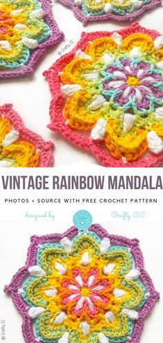 four crocheted coasters with the words vintage rainbow maradala on them