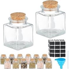 several glass containers with corks and lids