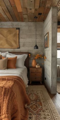 a bed sitting in a bedroom next to a wooden wall with pictures on the walls