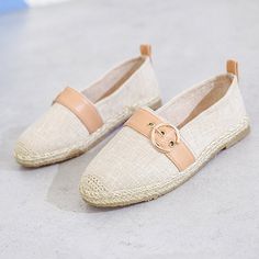 Beige Loafers With Woven Sole For Spring, Beige Slip-on Loafers For Spring, Spring Beige Slip-on Loafers, Spring Beige Loafers With Woven Sole, Beige Spring Loafers With Flat Heel, Casual Beige Loafers For Summer, Beige Summer Loafers With Closed Toe, Beige Closed Toe Loafers For Summer, Beige Flat Heel Loafers For Summer