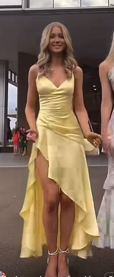 Flowy Fancy Dress, Yellow Silk Dress Prom, Prom Dresses Ginger Hair, Dinner Dance Dress, Pastel Orange Prom Dress, Beachy Formal Dress, Cute Yellow Prom Dresses, Sundress Prom Dress, Brunch Prom Dress