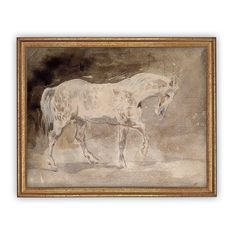 a white horse standing in the middle of a room next to a wall with a painting on it