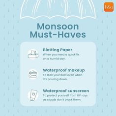 A changed season calls for a slight change in the products you use as well. They need to protect you from humidity and they need to be waterproof so your skincare routine isn’t compromised. You should continue using SPF to shield yourself from the occasional sunny days and UV rays that penetrate through the clouds. Wellness Store, Basic Skin Care, Waterproof Sunscreen, Content Plan, Blotting Paper, Beauty Posters, Basic Skin Care Routine