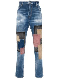 blue/multicolour cotton blend denim patchwork design distressed effect belt loops button fly fastening skinny cut classic five pockets straight hem Designer Straight Leg Denim Blue Jeans, Designer Blue Jeans With Five Pockets, Designer Straight Leg Blue Jeans, Designer Blue Straight Leg Jeans, Designer Denim Straight Leg Pants, Designer Straight Leg Denim Pants, Multicolor Patchwork Denim Jeans, Designer Dark Wash Denim Bottoms, Designer Blue Denim Bottoms