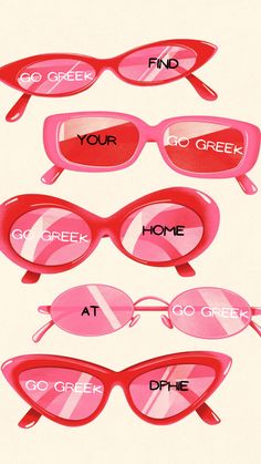 four pairs of pink sunglasses with words on them